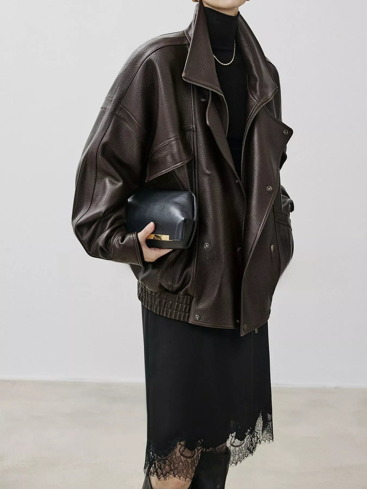 Snap Down Leather Jacket in dark brown, side view