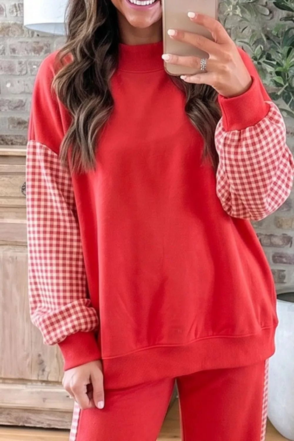 Red plaid contrast long sleeve top and wide-leg pants set — design and construction details