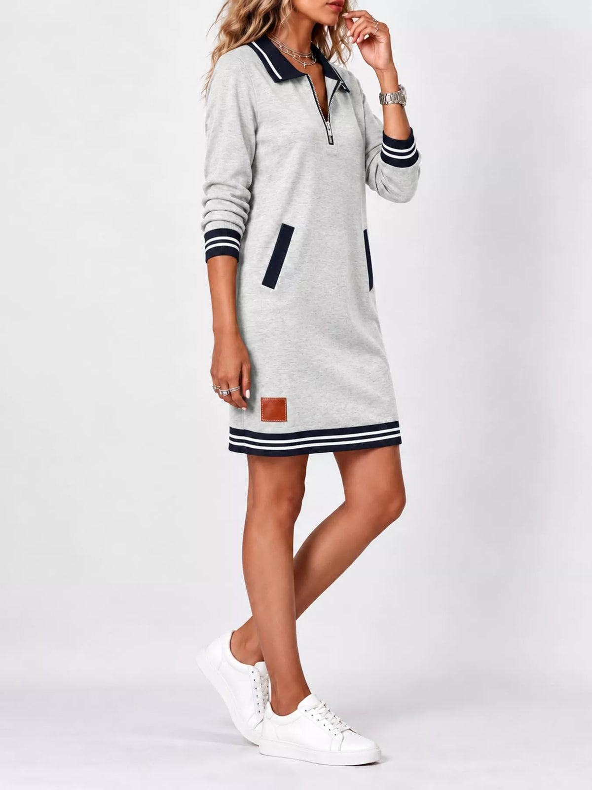 Gray zip-up polo collar knit dress