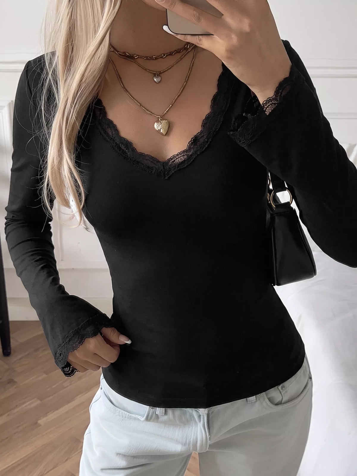 Lace Trim V-Neck Long Sleeve Slim Fit Top, front view