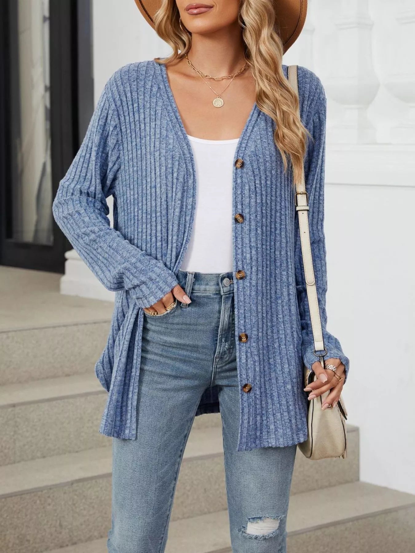 Trendsi Ribbed Button-Up Cardigan -