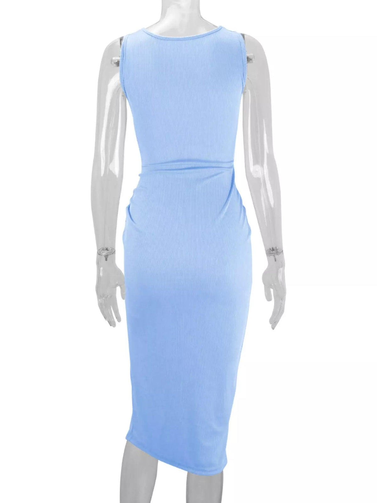 Women's Sleeveless Cut-Out Ruched High-Slit Bodycon Dress in light blue — mannequin back view