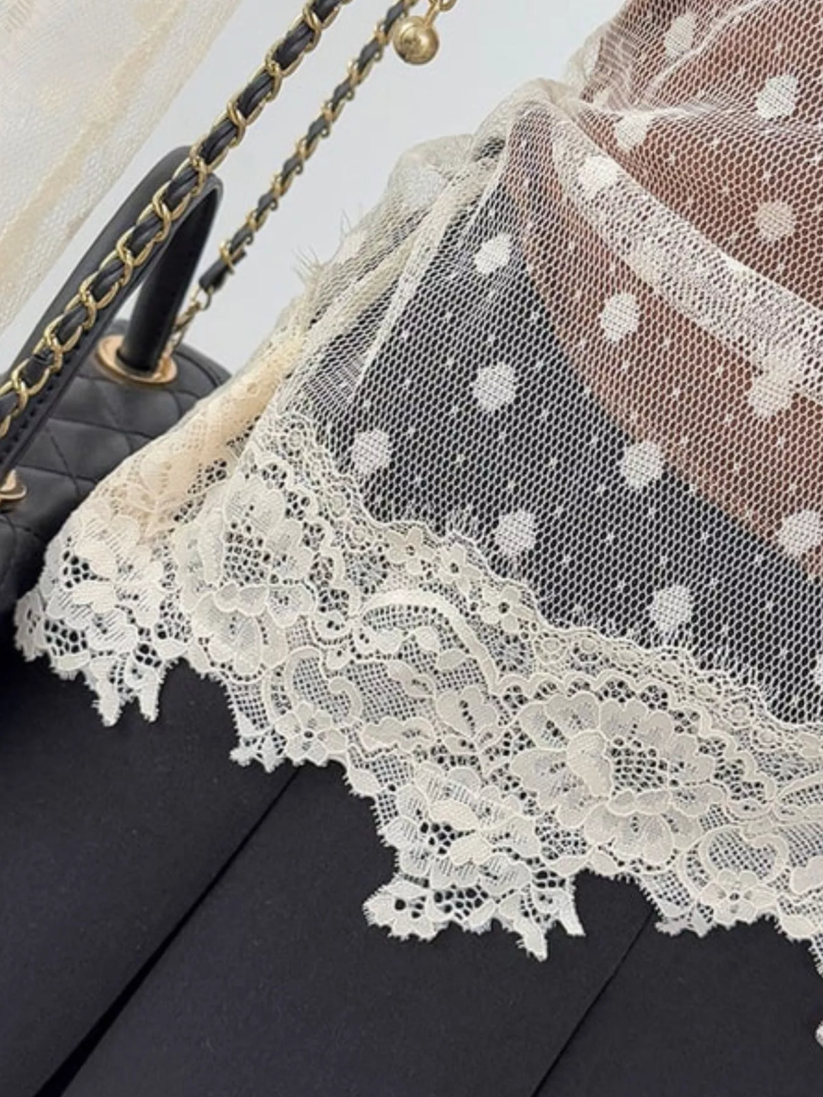 Vintage Lace Contrast Blouse with Polka Dot Mesh Sleeves, detail view in brown and cream