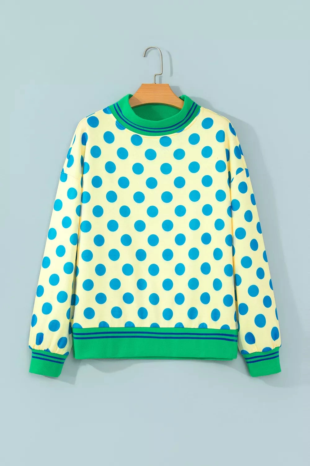 Polka Dot Mock Neck Sweatshirt with Striped Ribbed Trim, front view