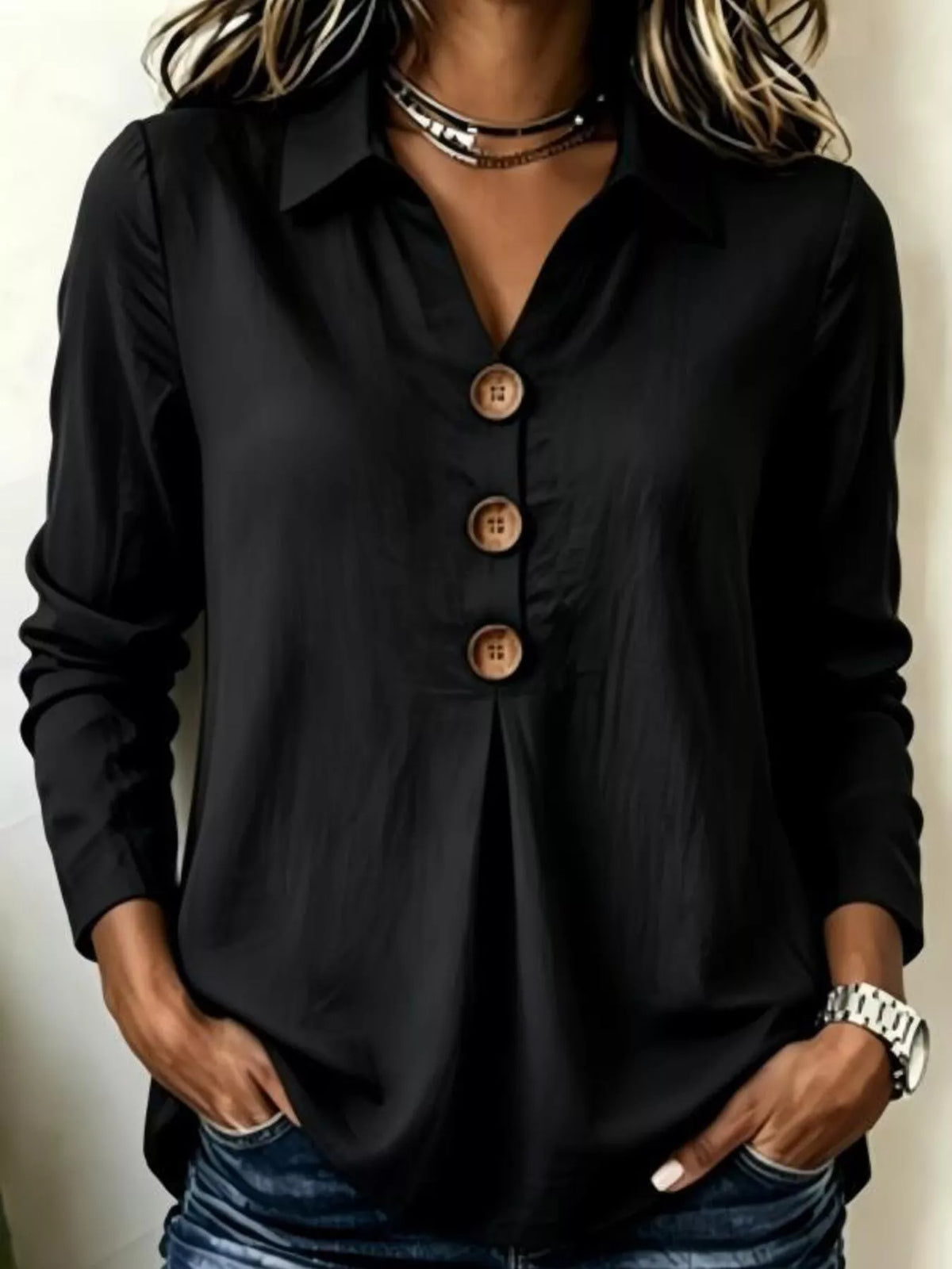 Trendsi Full Size Button Detail Long Sleeve Blouse Plus Size -