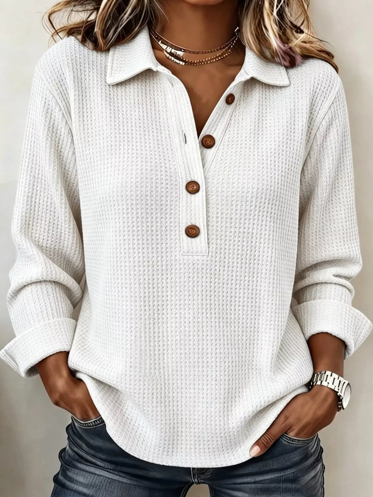 White waffle knit long sleeve polo top, front view