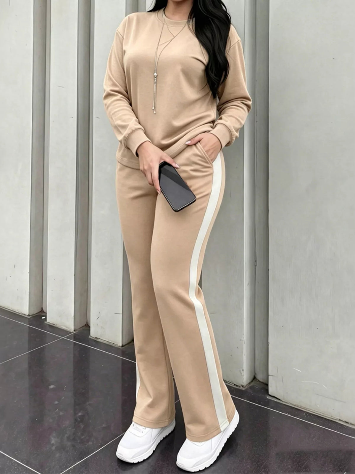 Top and Pants Set in khaki, front view