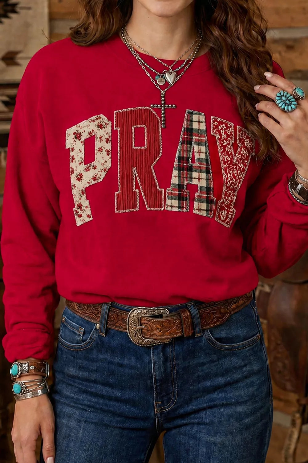 Women's floral buffalo plaid striped embroidered patch western sweatshirt
