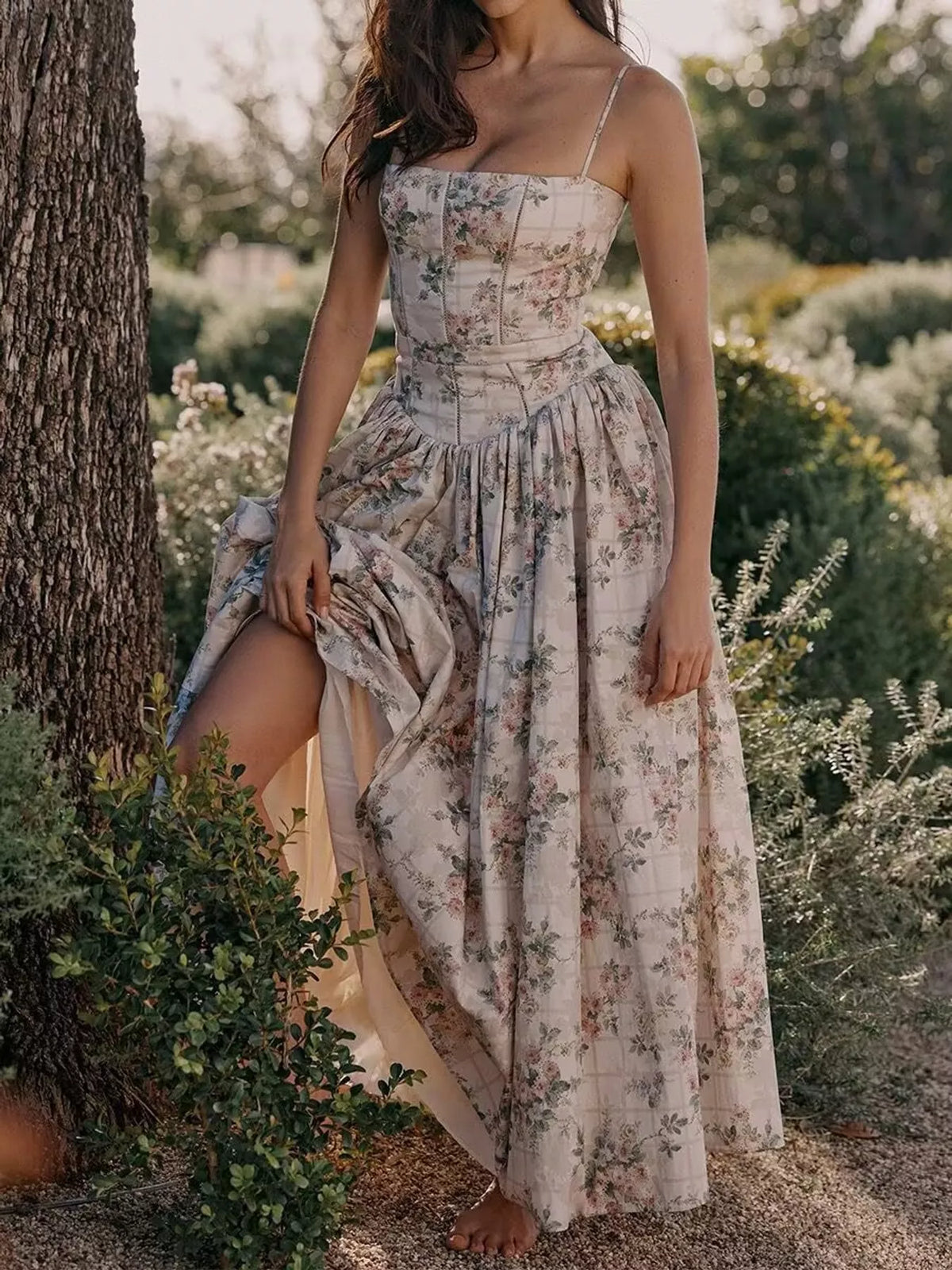 Women's Paneled Bodice Gathered Midi Dress in gray floral — front view