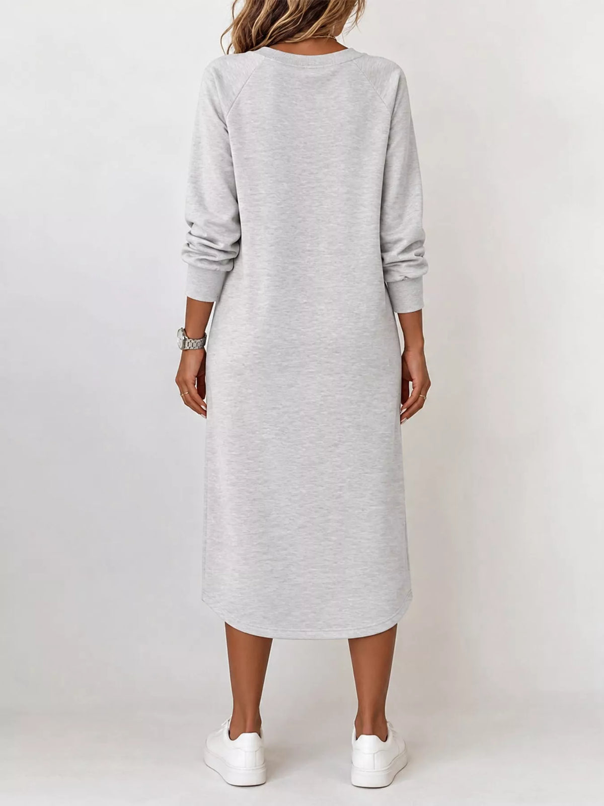 Women's V-Neck Long Sleeve Midi Dress in gray — back view