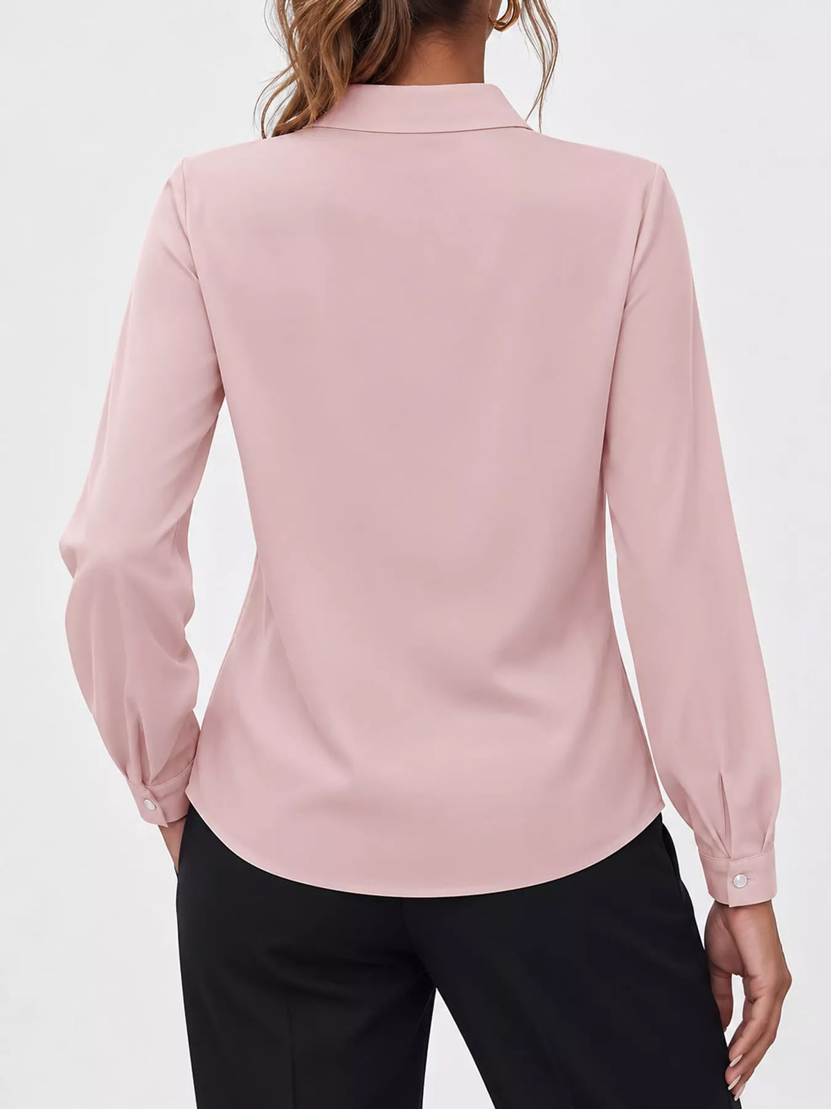 Women's Collared Clasp Detail Long Sleeve Satin Blouse in pale pink — back view