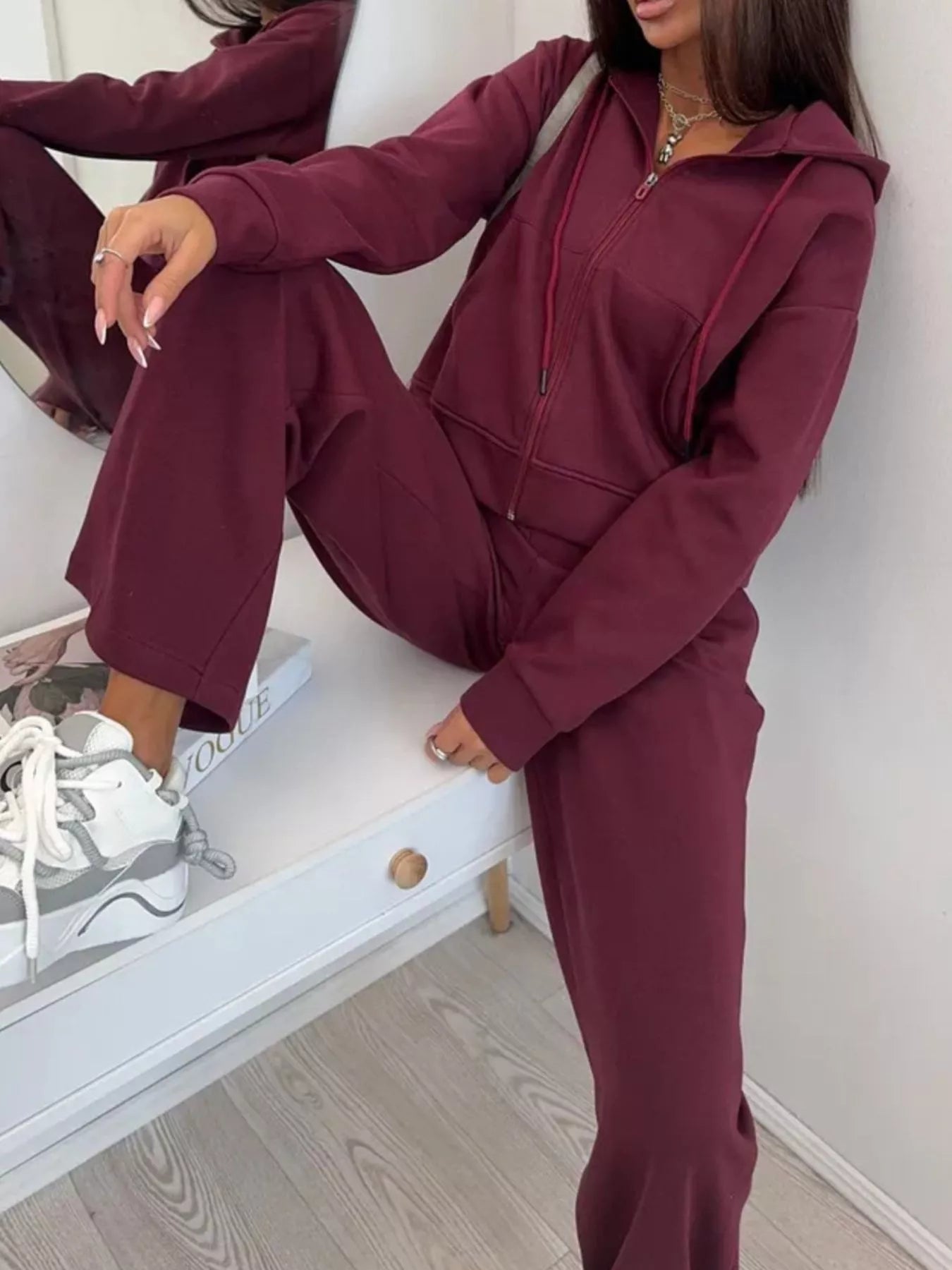 Trendsi Zip-Up Hoodie and Wide-Leg Pants Set -