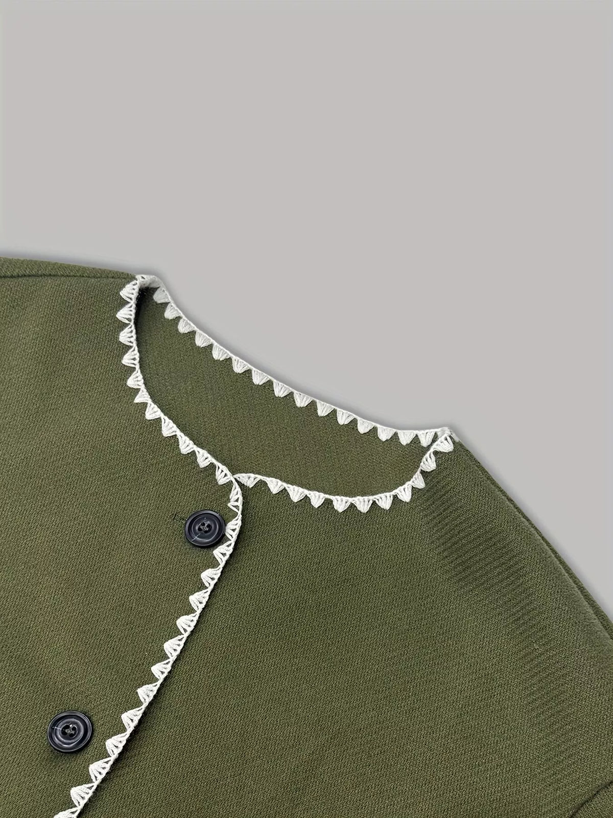 Olive green contrast trim button-front jacket, contrasting neckline trim and buttons