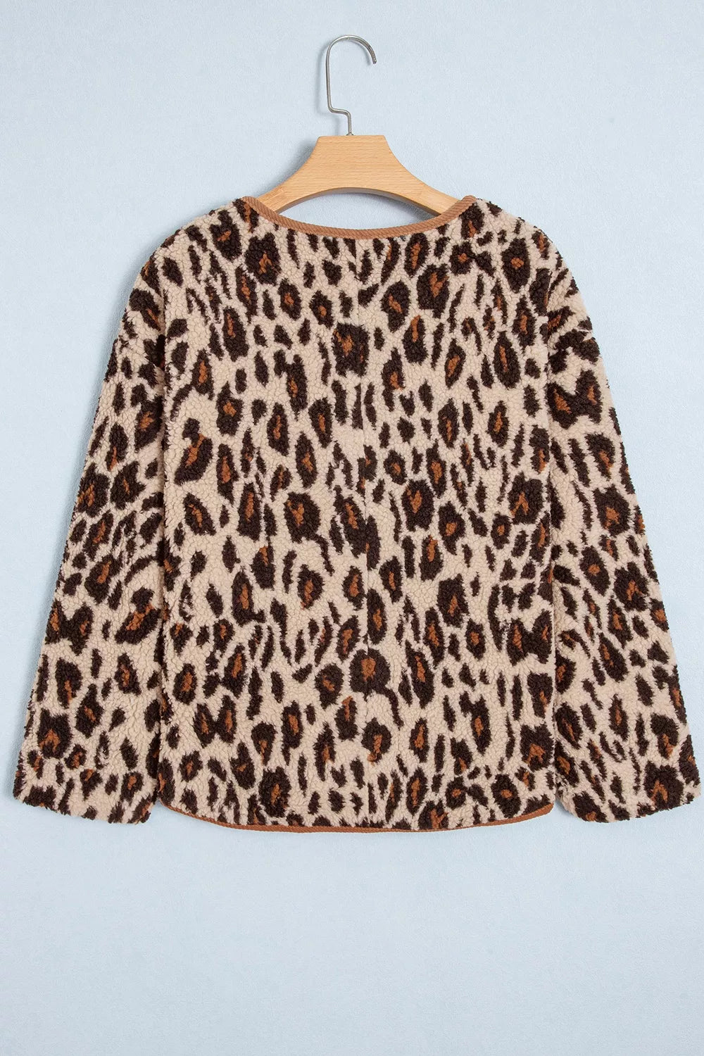 Leopard plush jacket with brown corduroy trim, back product view