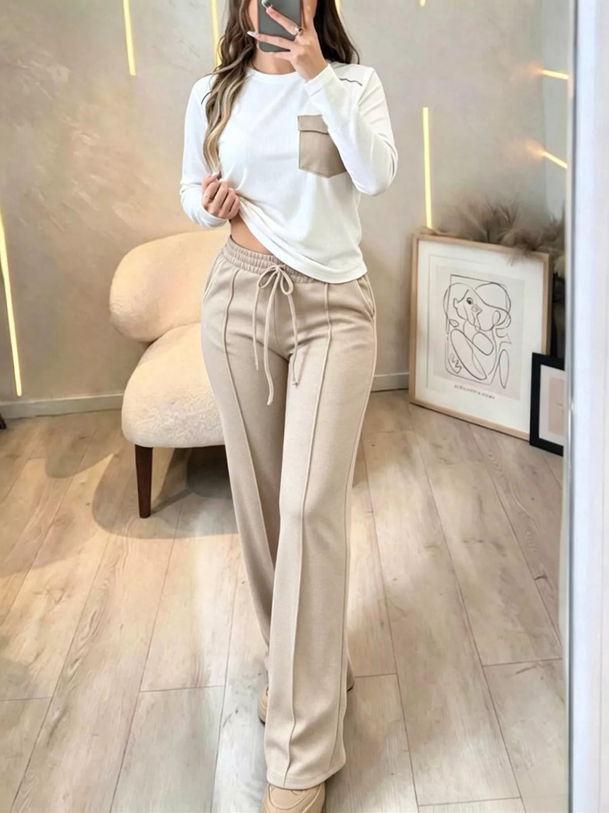 Long Sleeve Pocket Top and Drawstring Pants Set, front view