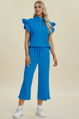 Trendsi Double Take Full Size Texture Ruffle Short Sleeve Top and Wide Leg Pants Set -
