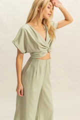 Trendsi HYFVE Twisted Front Short Sleeve Top and Wide Leg Pants Set - Pants