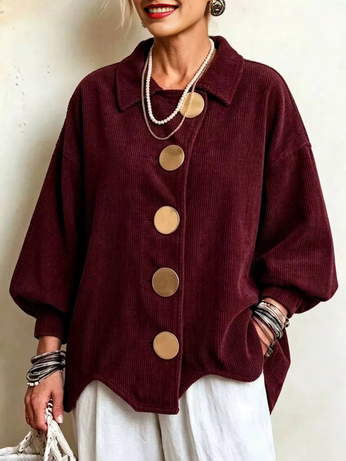 Burgundy corduroy button-down jacket