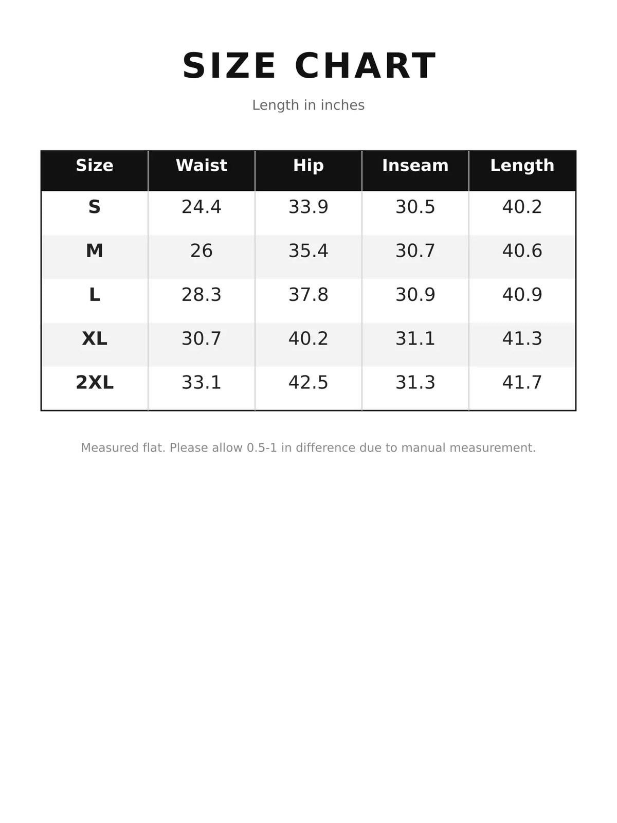 Size chart for high-waisted flare pants