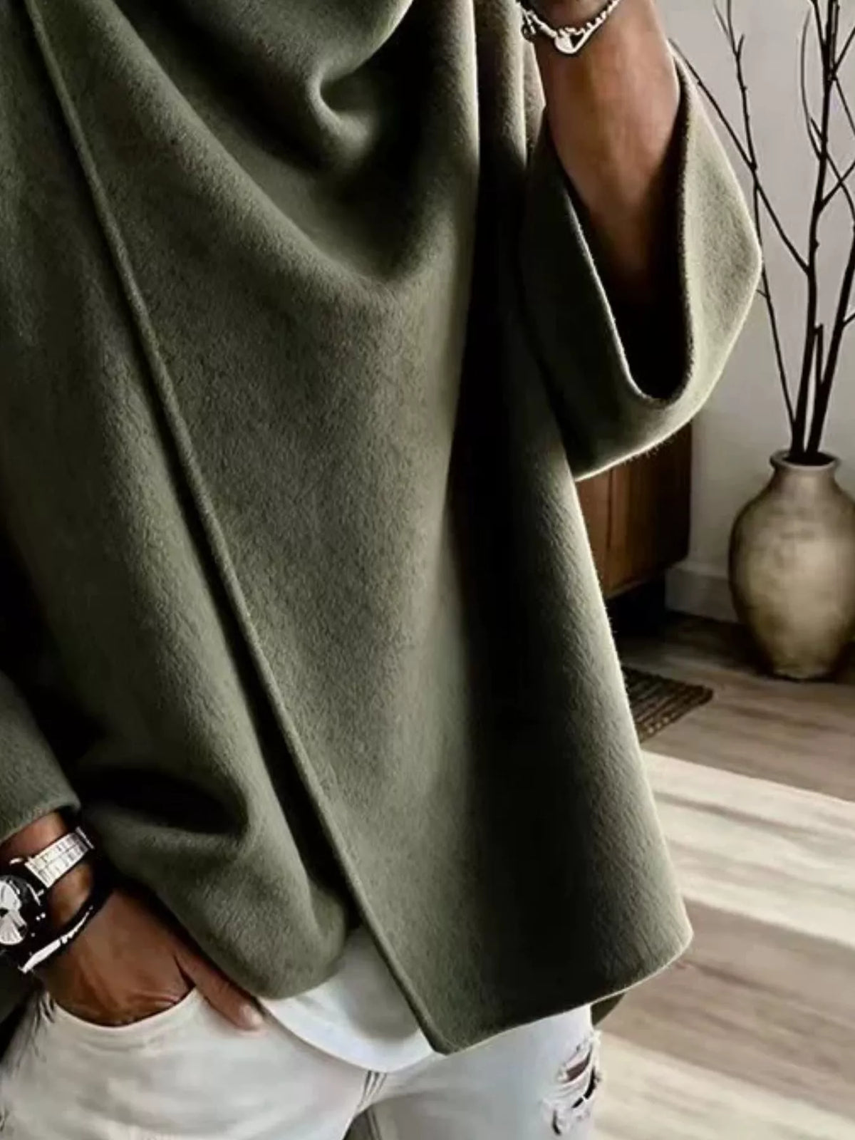 Women's Asymmetric Collar Button Detail Jacket in olive — neckline detail view