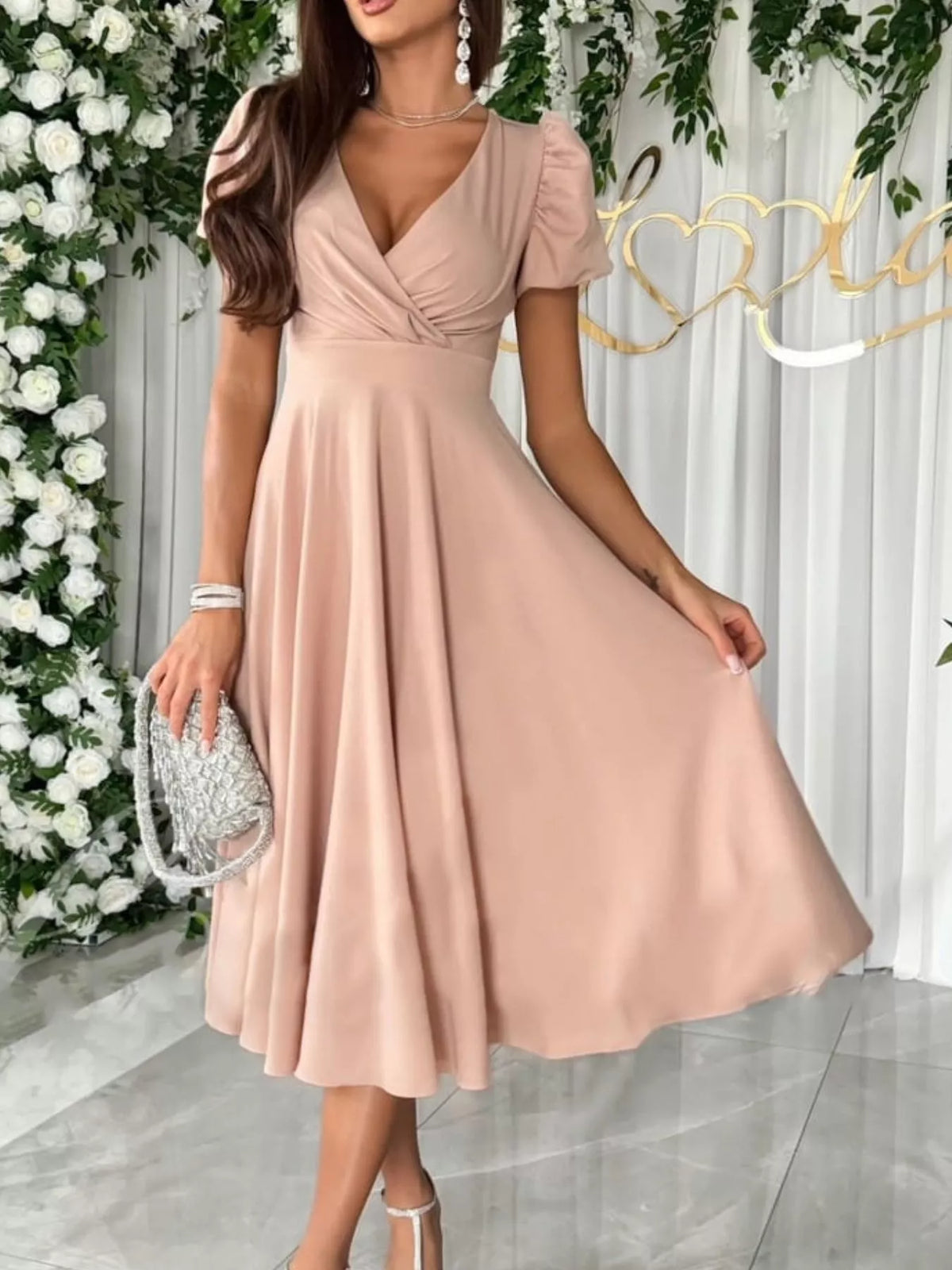 Trendsi Surplice Puff Sleeve Midi Dress -