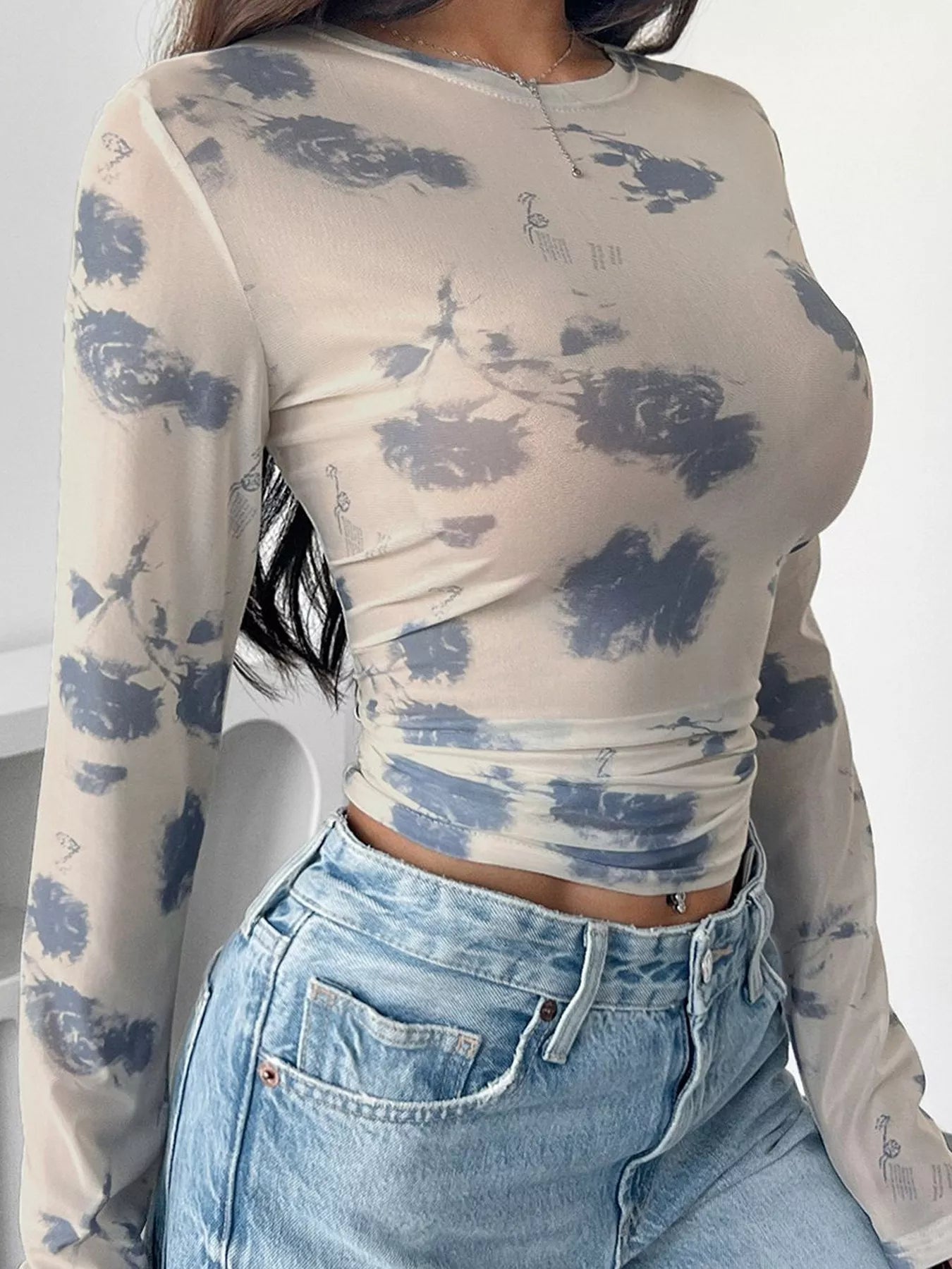 Trendsi Sheer Cloud Print Long Sleeve T-Shirt -