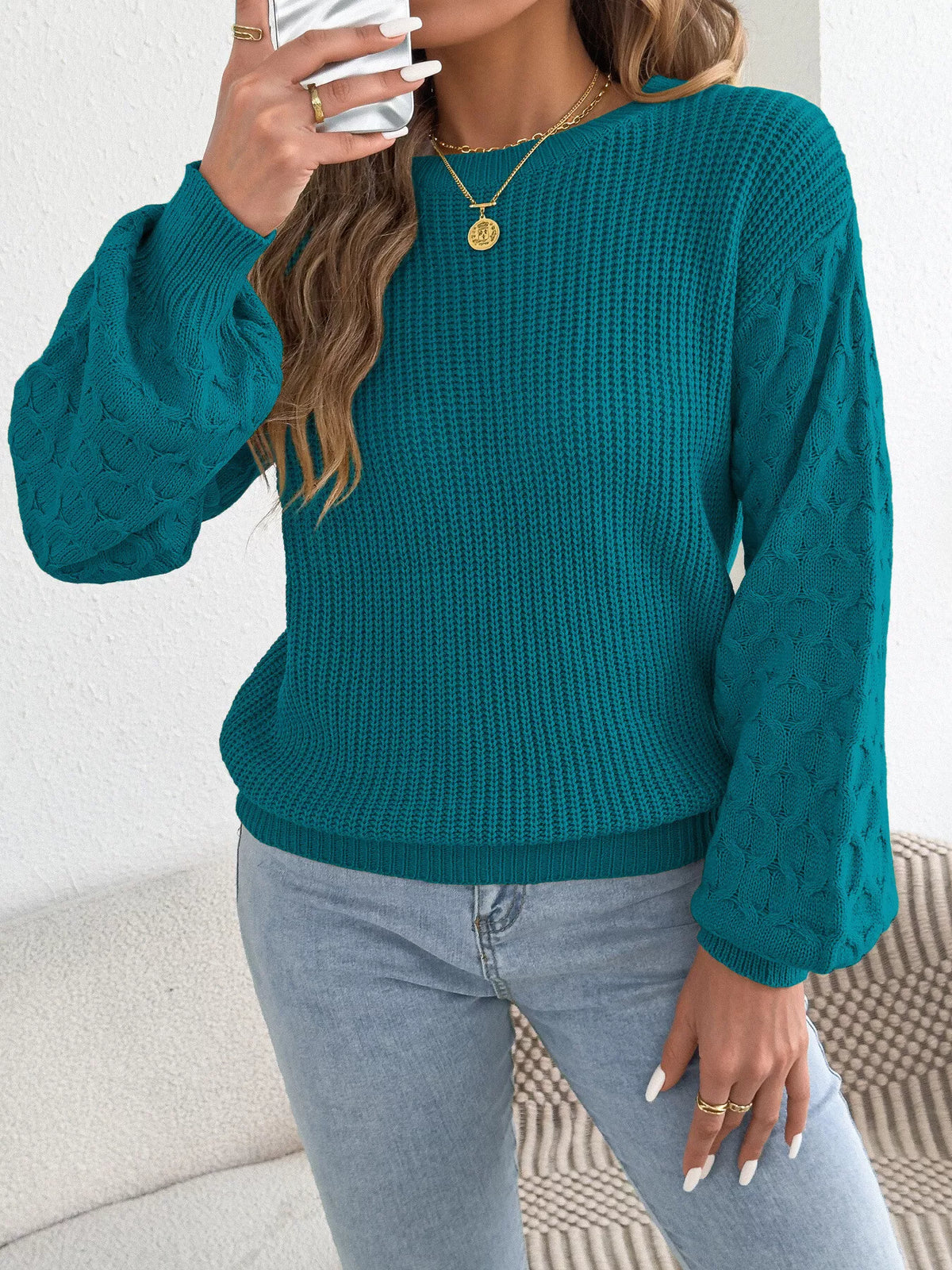 Peacock Blue textured dropped shoulder sweater