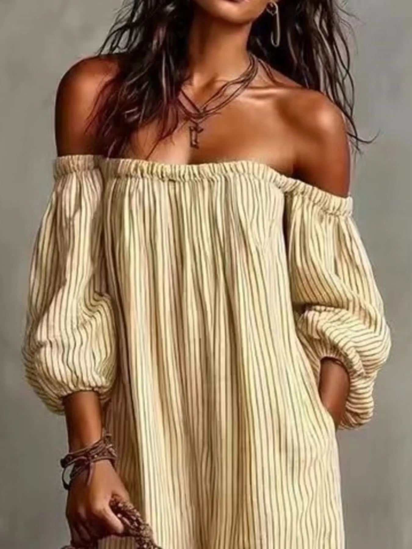 Trendsi Full Size Off-Shoulder Striped Maxi Dress with Puff Sleeves Plus Size -