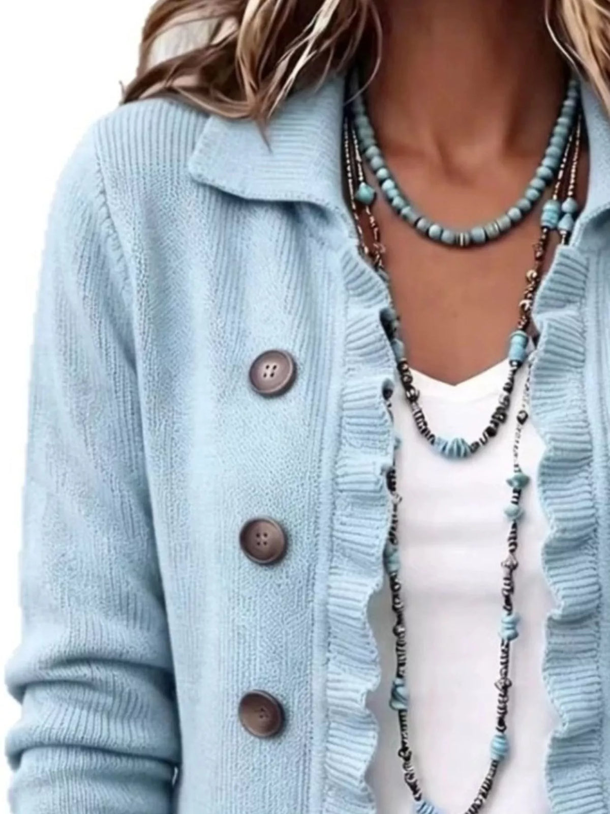 Ruffle-trim button-front cardigan