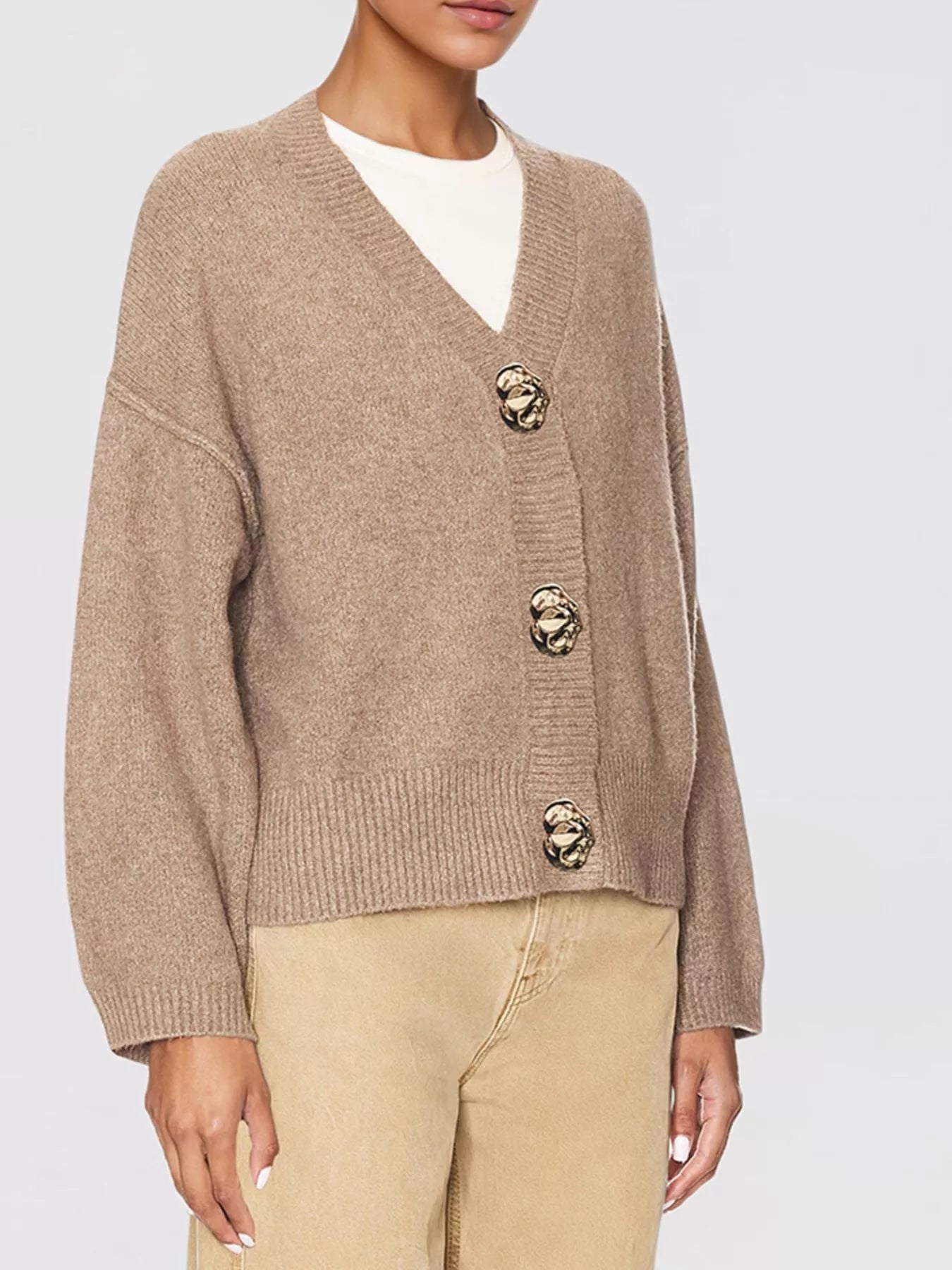 Trendsi Gold Buttons V-Neck Cardigan -