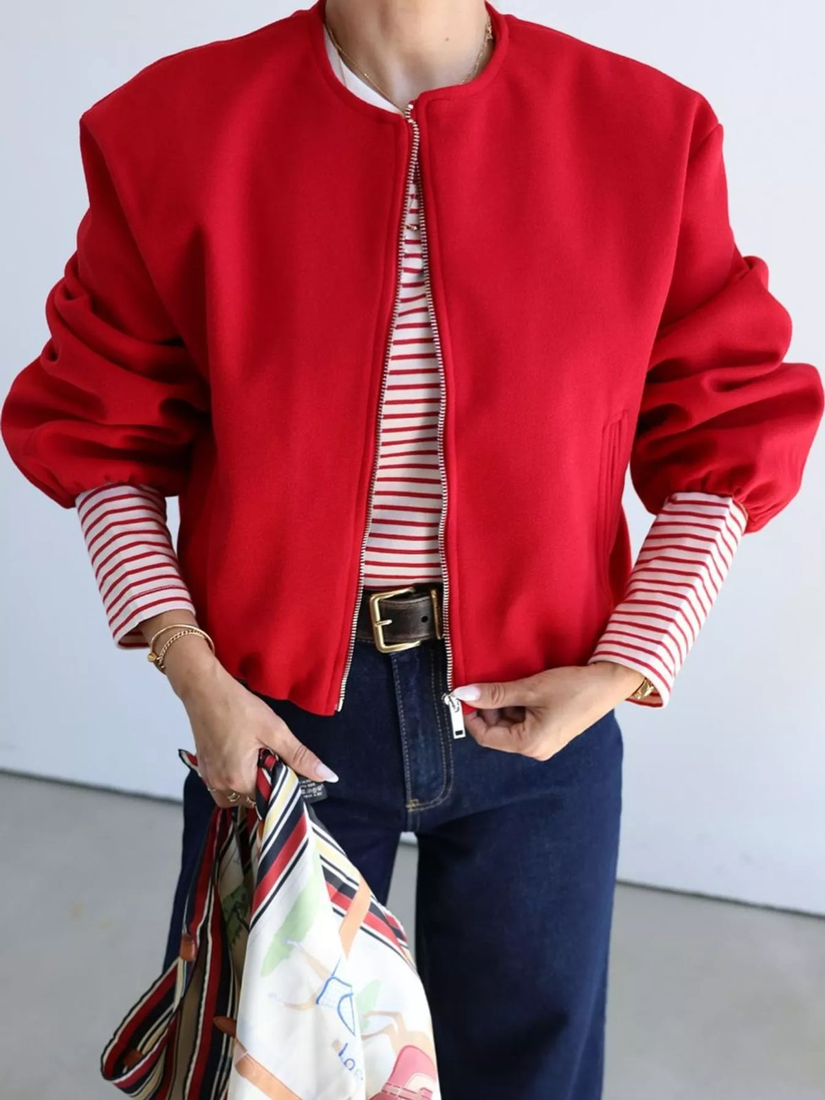 Cropped Round-Neck Zip-Up Jacket — front view