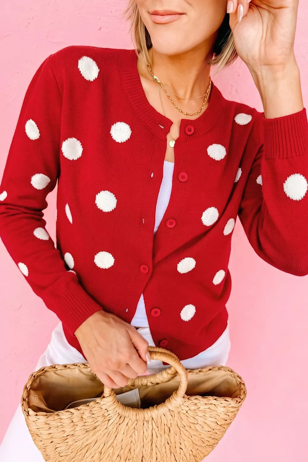 Trendsi Casual Polka Dot Button Front Long Sleeve Sweater Cardigan -