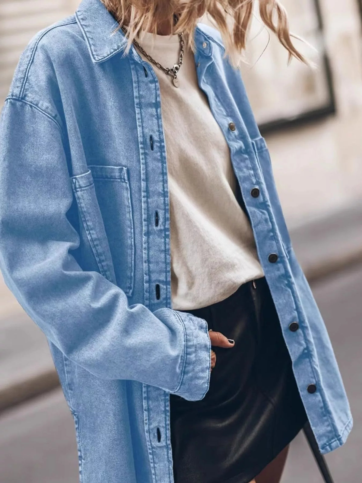 Button-Up Dropped Shoulder Denim Shacket — front view