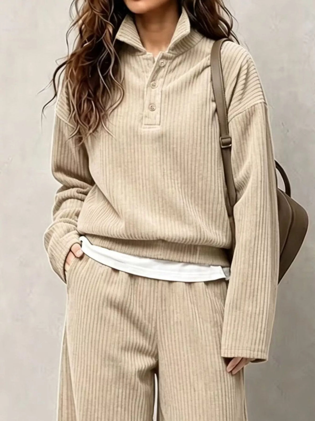 Women's Corduroy Button Detail Top and Wide-Leg Pants Set in beige — bodice detail view