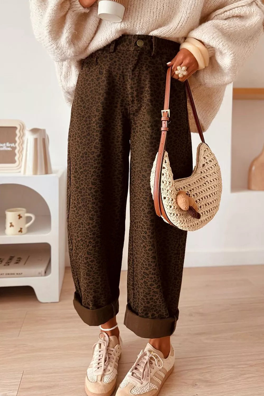 Women's Leopard Print Wide-Leg Jeans in Coffee Brown, front view