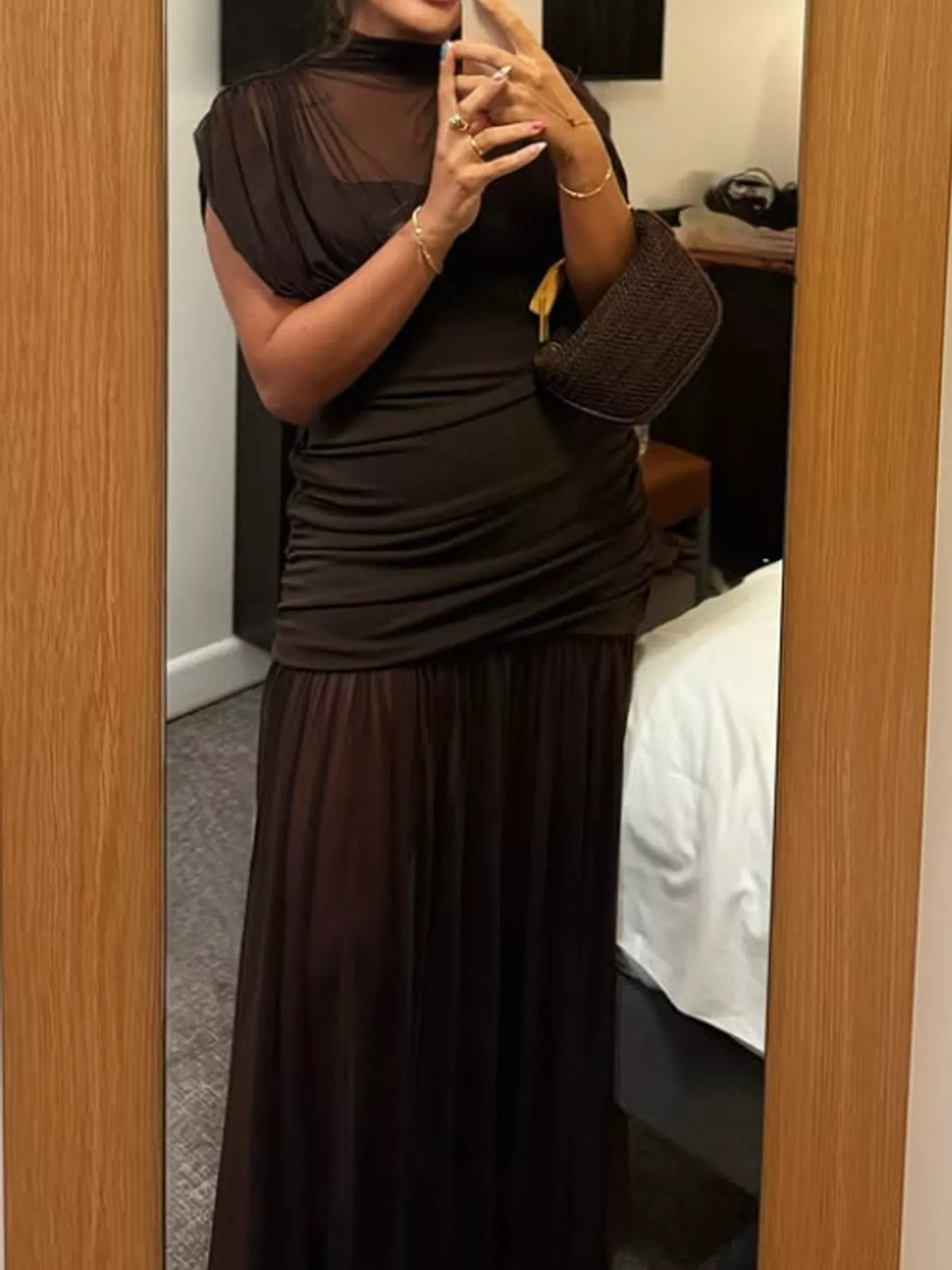 Brown mock neck ruched maxi dress, front view