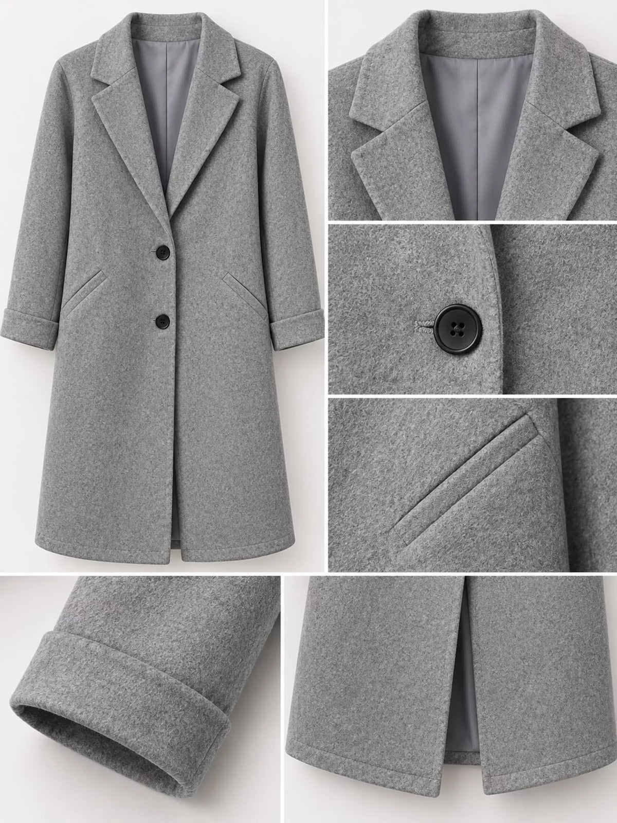 Gray lapel collar button-up coat, lapel, button, welt pocket, cuff, and hem close-ups