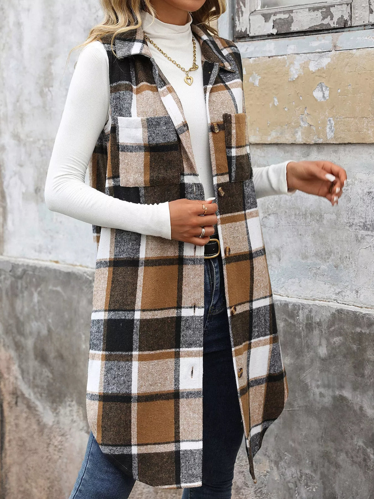 Longline Plaid Button-Down Vest Coat in brown, black and white