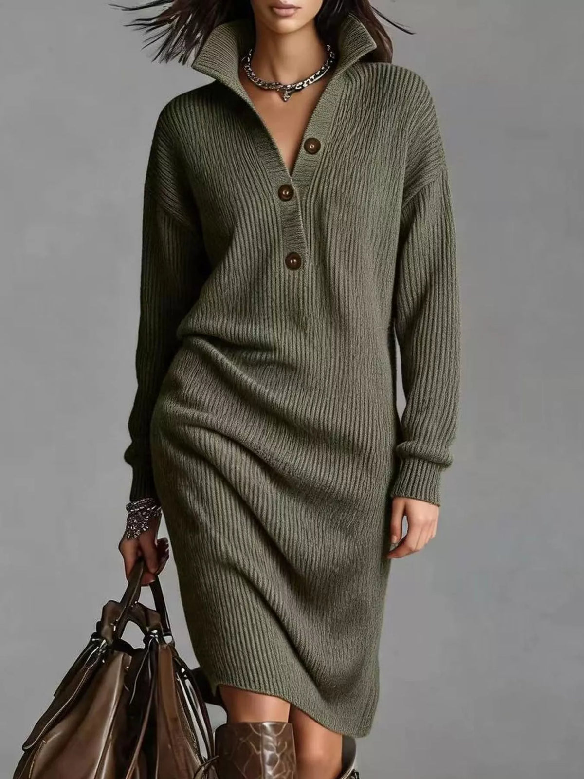 Collared long sleeve knee dress, front view on model