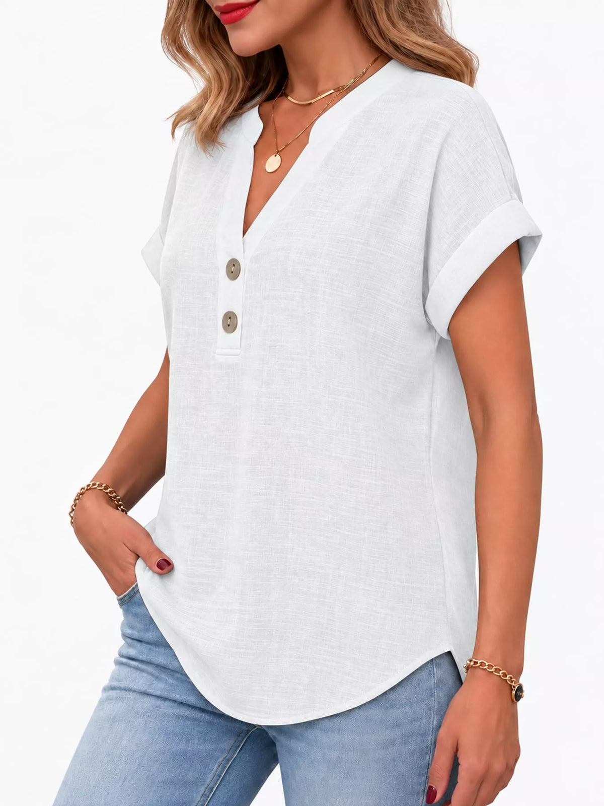 White button detail short sleeve blouse, side view