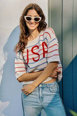 Trendsi SO ME Usa Stripe Knit Short Sleeves Sweater Top -