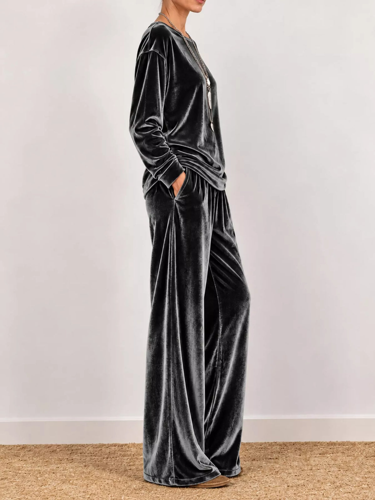 Velvet Long Sleeve Top and Wide-Leg Pants Set — side view