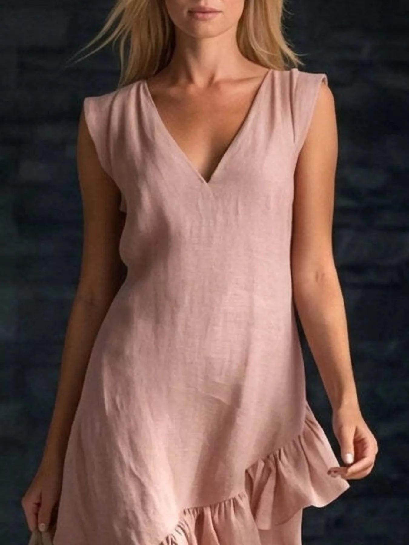 Trendsi Full Size Ruffled Asymmetrical Hem V-Neck Sleeveless Dress Plus Size -