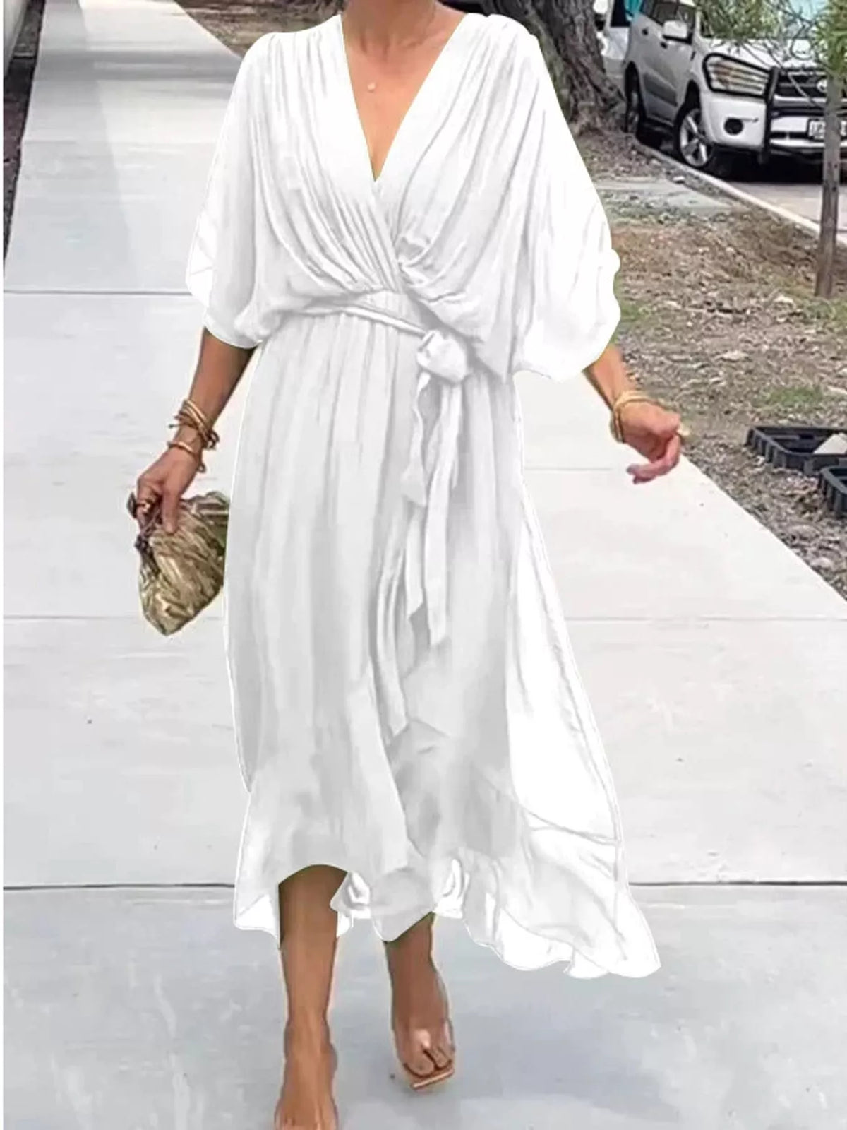 White batwing sleeve wrap dress with waist tie, front view