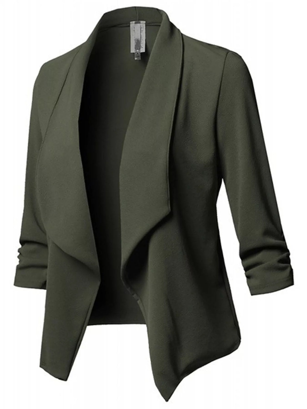 Green open-front blazer with ruched 3/4 sleeves