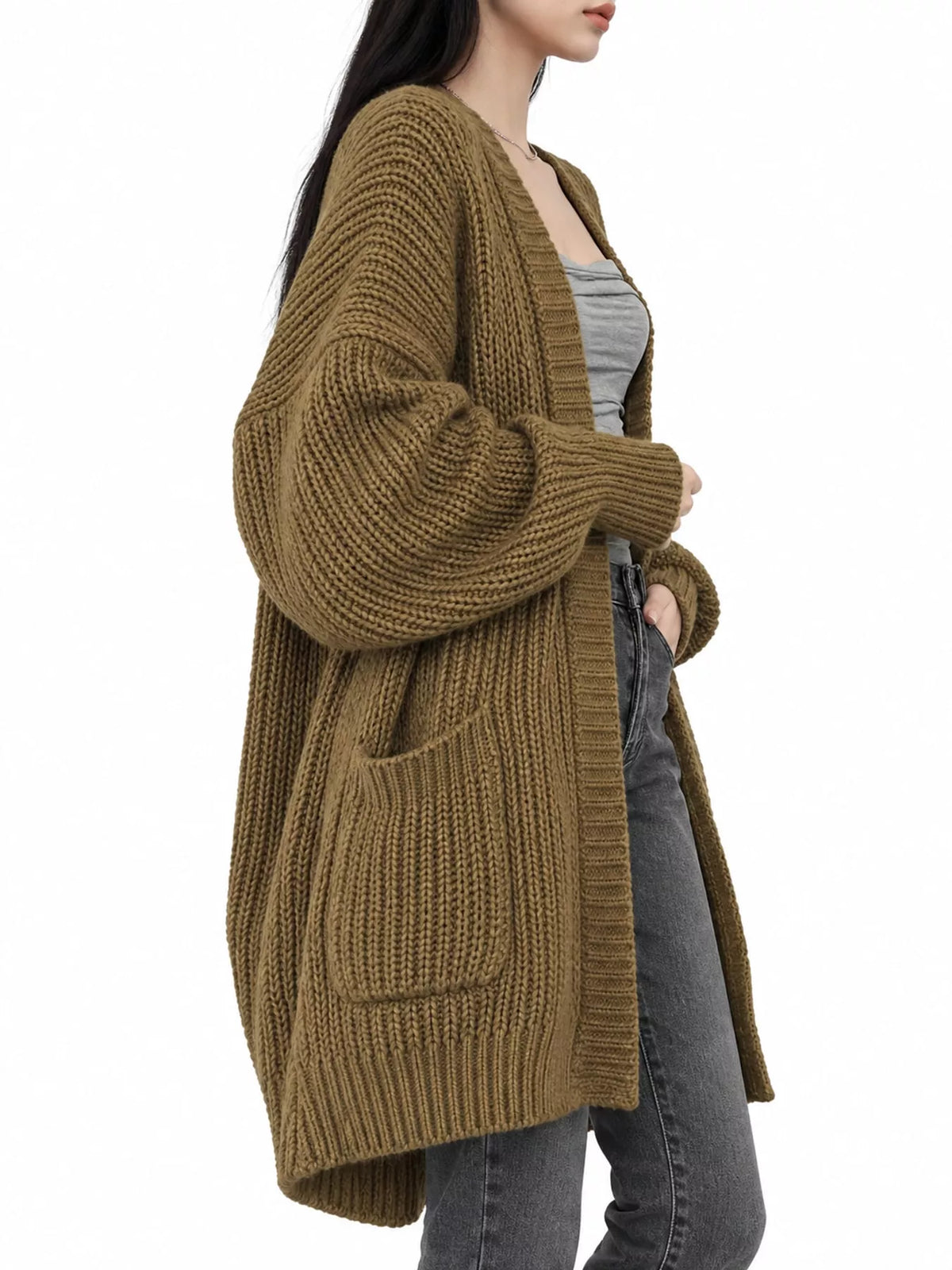 Longline knit cardigan, olive side