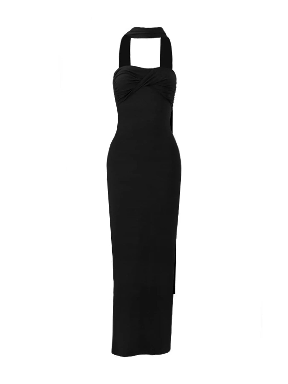 Black strapless ruched bodycon maxi dress with scarf, front view