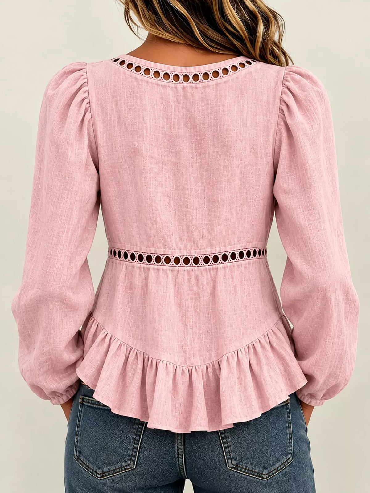 Women's Long Sleeve Blouse with Eyelet Lace Trim and Ruffled Hem in pink — back view