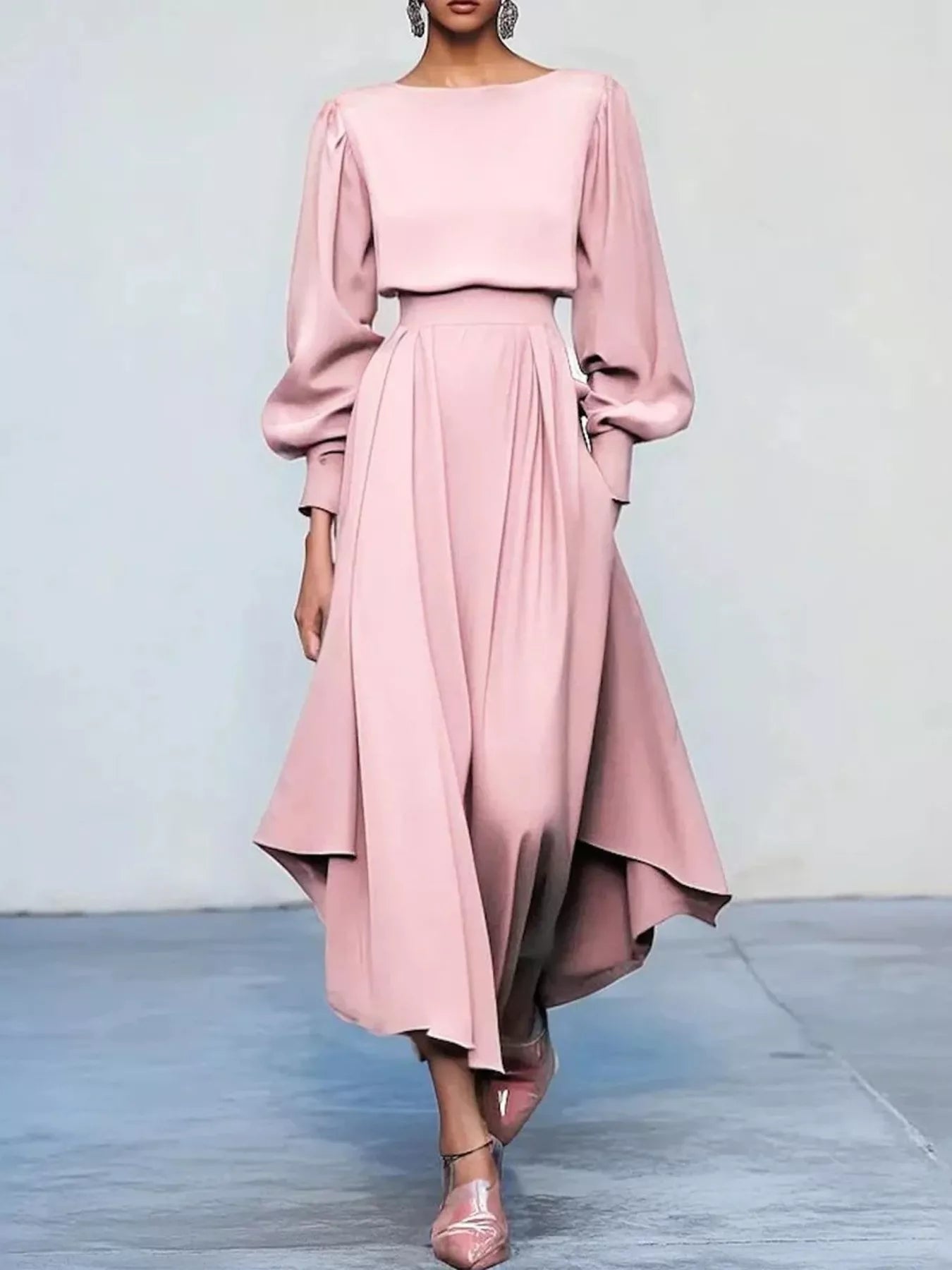 Trendsi Pleated Lantern Sleeve Midi Dress -