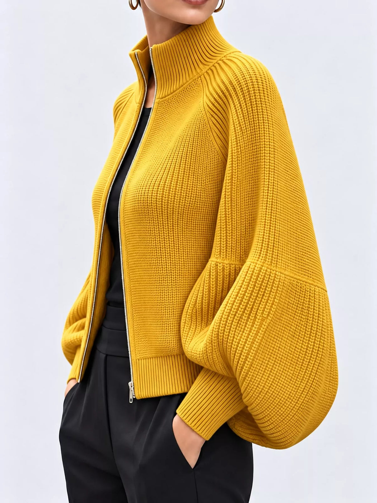Yellow ribbed knit zip-up lantern sleeve cardigan